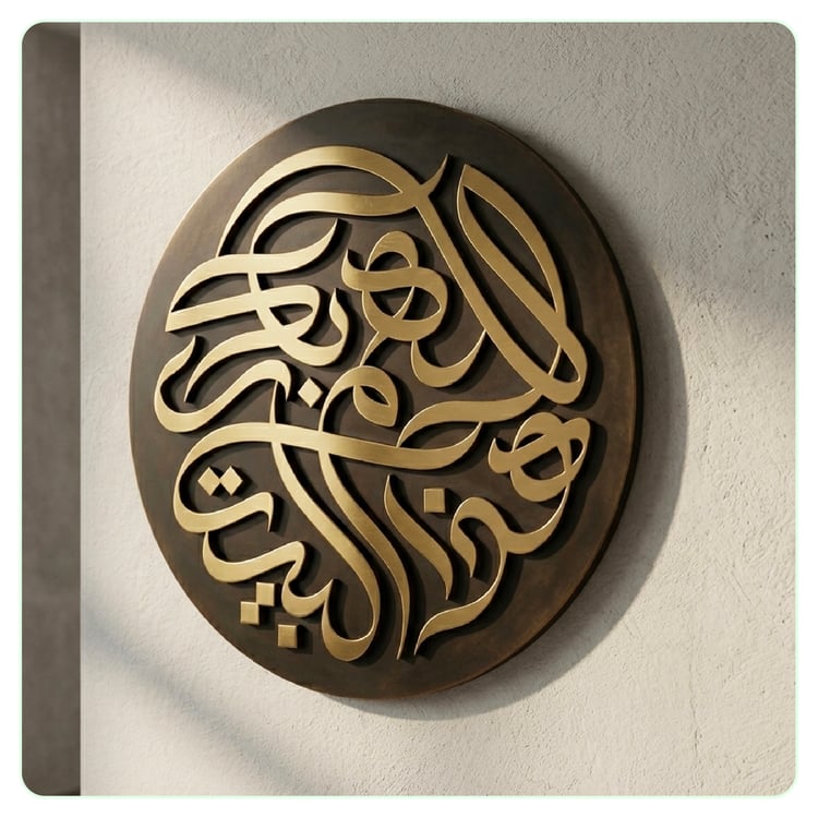Laser-cut wooden wall medallion displaying God Bless This House Arabic calligraphy mounted in a modern interior