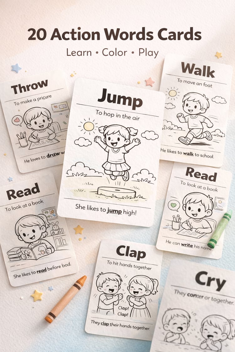 20 Action Words Coloring Cards for Kids (Ages 3–7) – Fun Verbs Learning Printable | Learn Actions Through Play