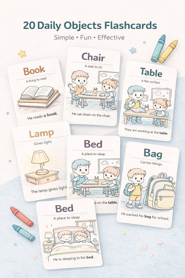 20 Daily Objects Flashcards for Kids (Ages 3–7) – Learn Everyday Vocabulary with Fun Coloring & Simple Sentences | Printable PDF