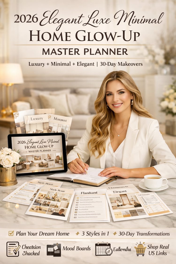 luxury home decor planner, home glow up planner, minimalist home reset, elegant home aesthetic, room makeover planner, Pinterest home ideas planner, home organization planner printable, interior design workbook, luxury minimalist home decor, feminine home