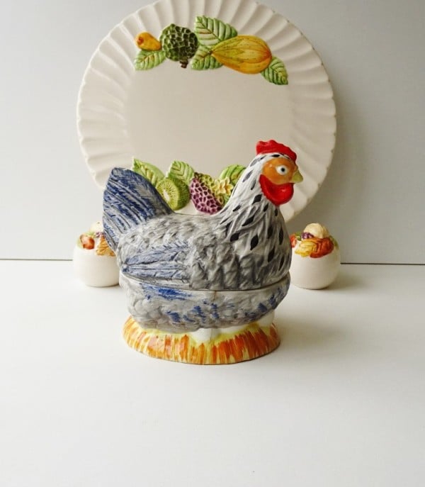 Caugant hen faience terrine in blue, grey, 70s