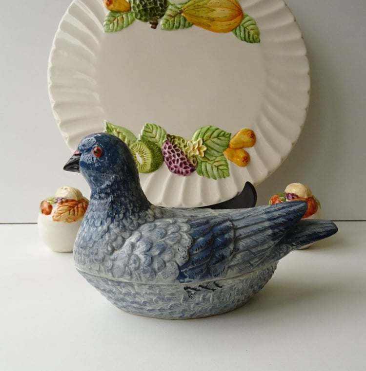 Blue Pigeon faience terrine handpainted by Michel Caugant Pottery