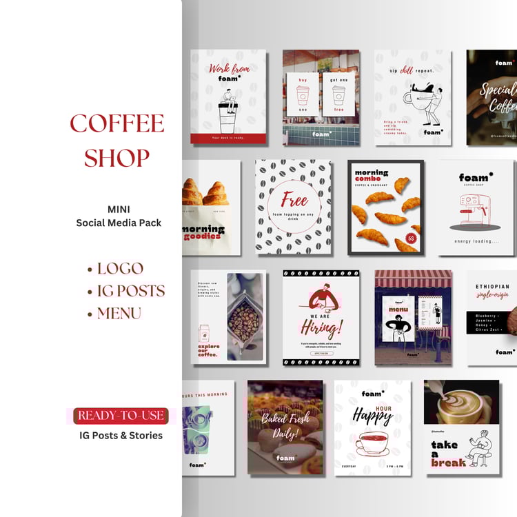 Coffee shop Instagram templates bundle with 20 posts and 20 matching story covers in black, off white and red minimal design