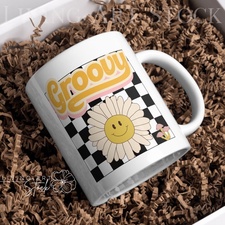 A 1970s style vector graphic featuring a mustard-yellow, textured script word "Groovy" with pink backing, positioned above a central off-white daisy with a smiling face center and a small cluster of pink mushrooms, all layered over a black and white check