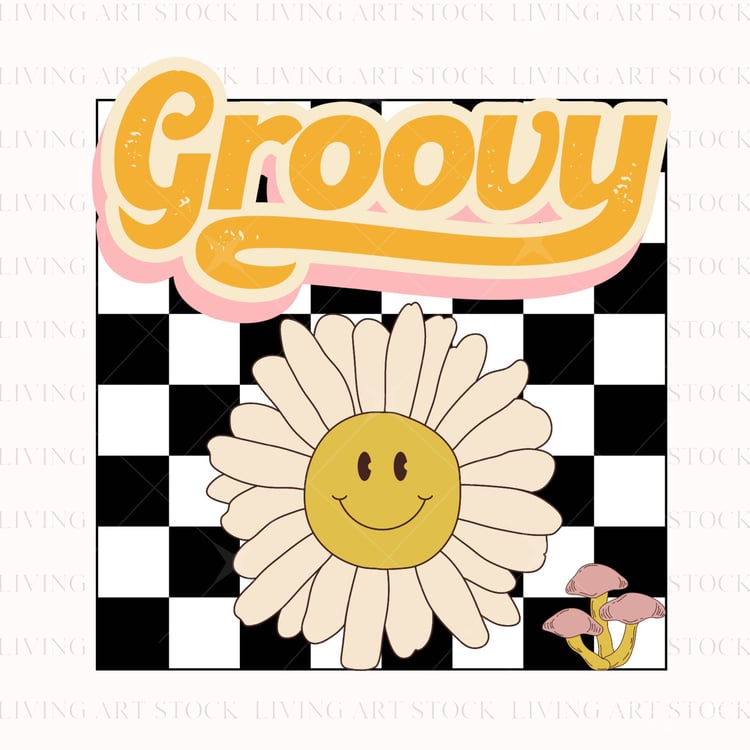 A 1970s style vector graphic featuring a mustard-yellow, textured script word "Groovy" with pink backing, positioned above a central off-white daisy with a smiling face center and a small cluster of pink mushrooms, all layered over a black and white check