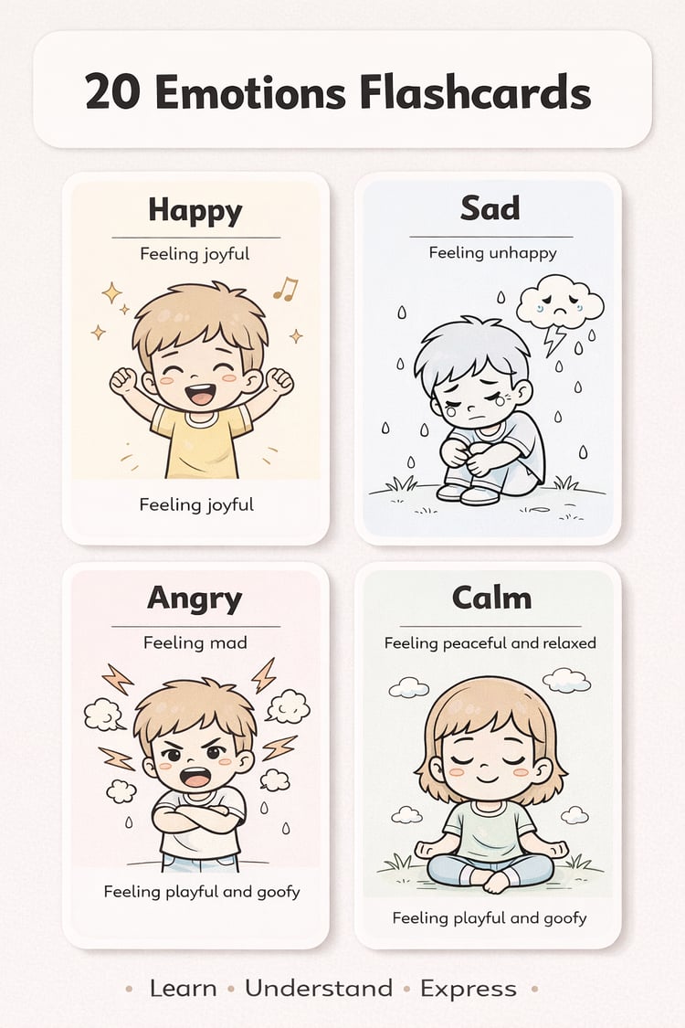 20 Kids Emotions Flashcards Pack for Ages 3–7 | Learn Feelings, Build Emotional Intelligence & Social Skills with Fun Printable Coloring Cards