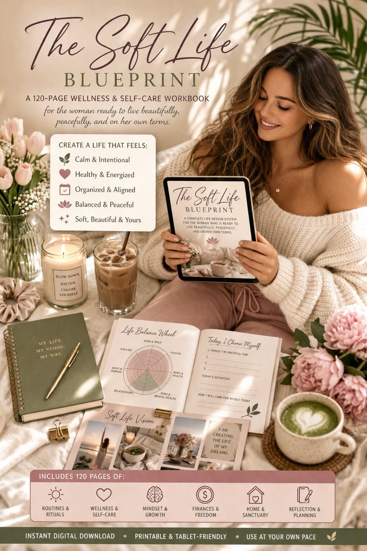 soft life workbook for women, self care journal pdf, wellness planner for women, life reset workbook, feminine lifestyle planner, healthy habits workbook, soft life planner, self improvement journal for women, wellness journal printable, healing girl era 