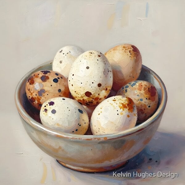 Speckled fresh eggs in a ceramic bowl in gouache