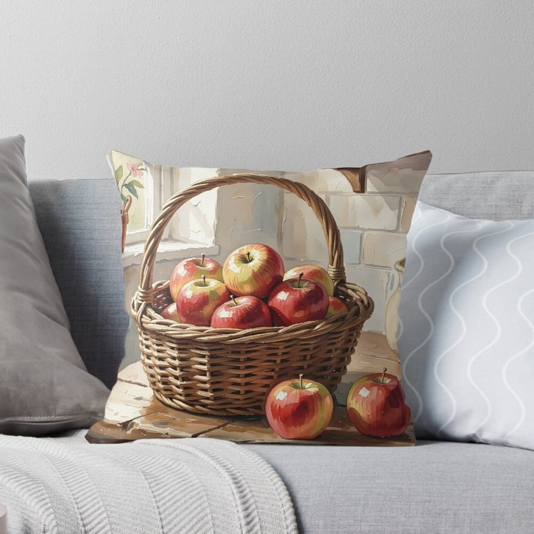 Basket of apples on a rustic table printed on to a pillow