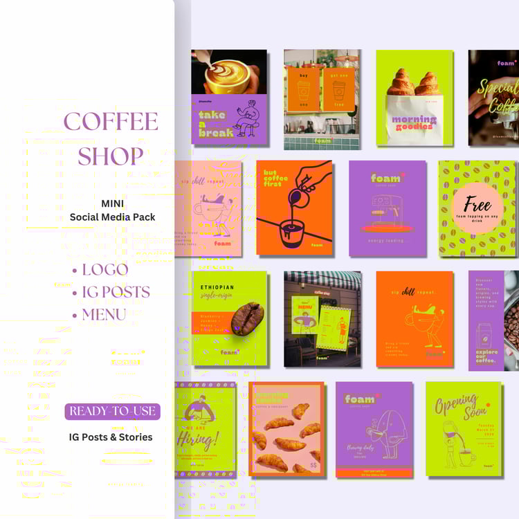 Minimal coffee business Instagram kit with orange and purple colors featuring post templates story covers and menu design