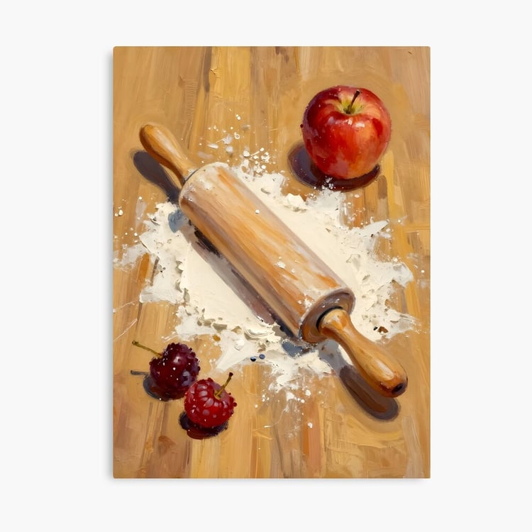 Baking gouache painting of rolling pin on flour with fruit