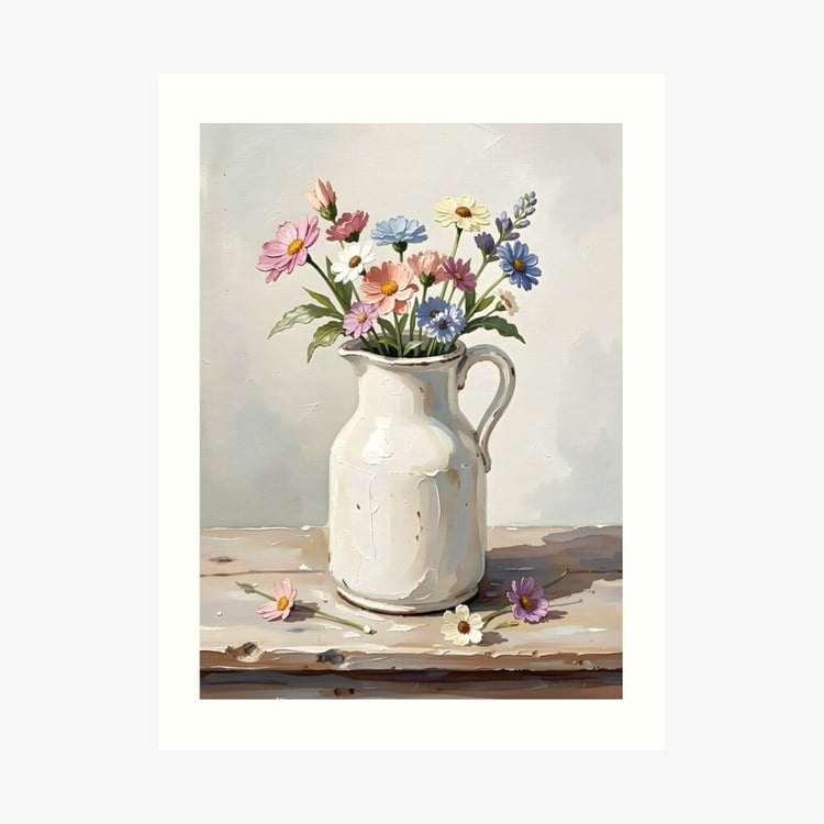 Gouache painting of a ceramic jug with flowers great for kitchens