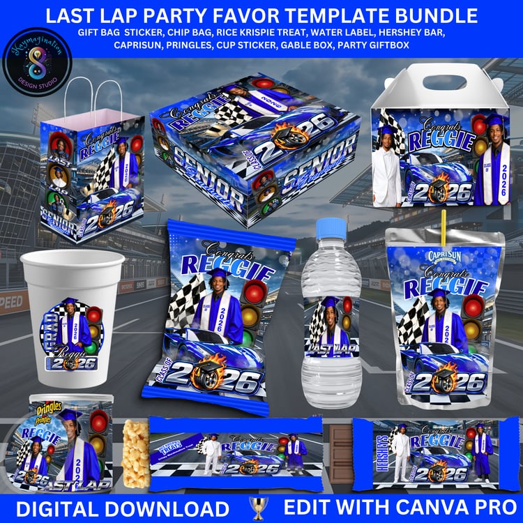 last lap graduation, graduation party bundle, grad party favors 2026, editable canva templates, graduation decorations, chip bag template, water bottle label, hershey wrapper template, capri sun label, graduation gift box, DIY grad party, class of 2026, g