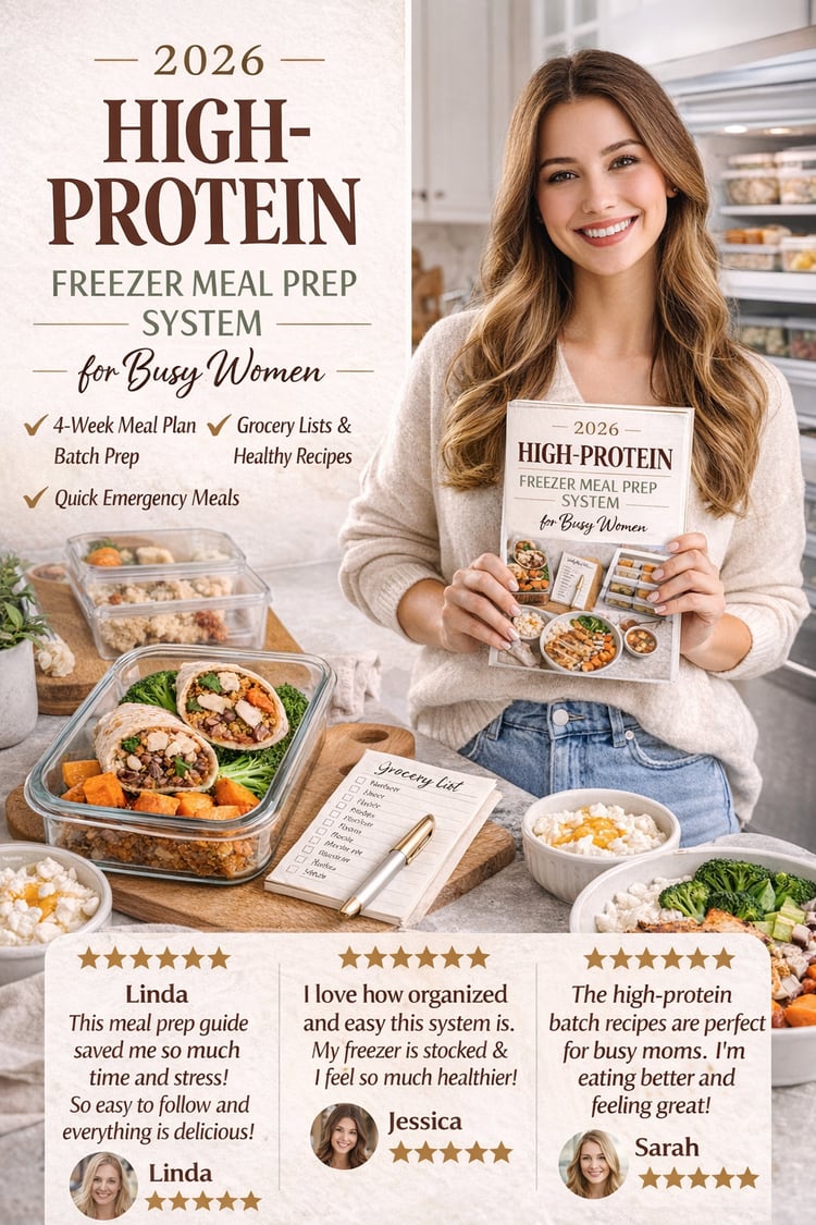 high protein meal prep, freezer meal prep, busy mom meal plan, healthy meal prep for women, high protein freezer meals, easy family meal prep, weekly meal planner pdf, grocery list planner, protein recipes for women, healthy freezer meals, batch cooking g