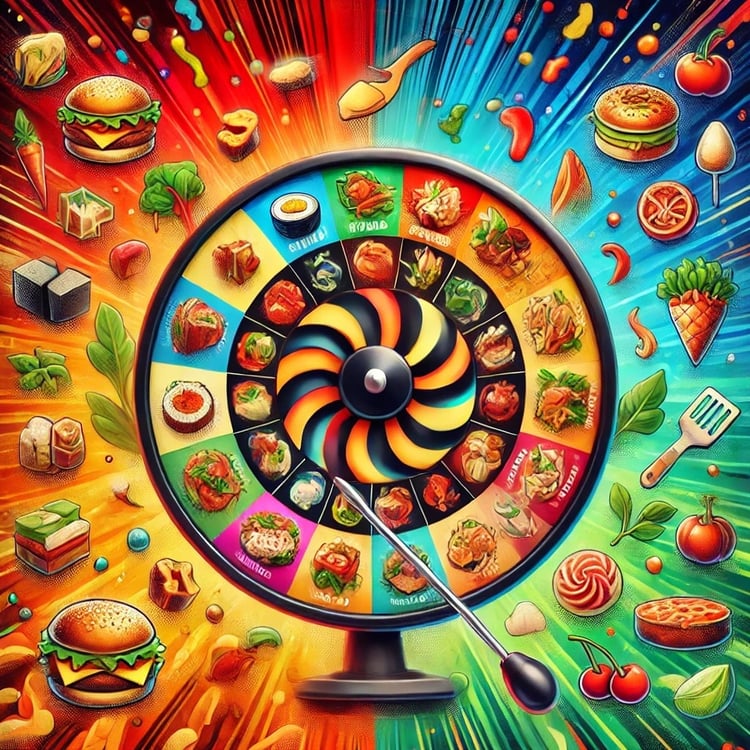 Colorful food roulette wheel illustration representing FeastFinder Culinary Roulette, an AI prompt for random takeaway meal ideas and food inspiration.