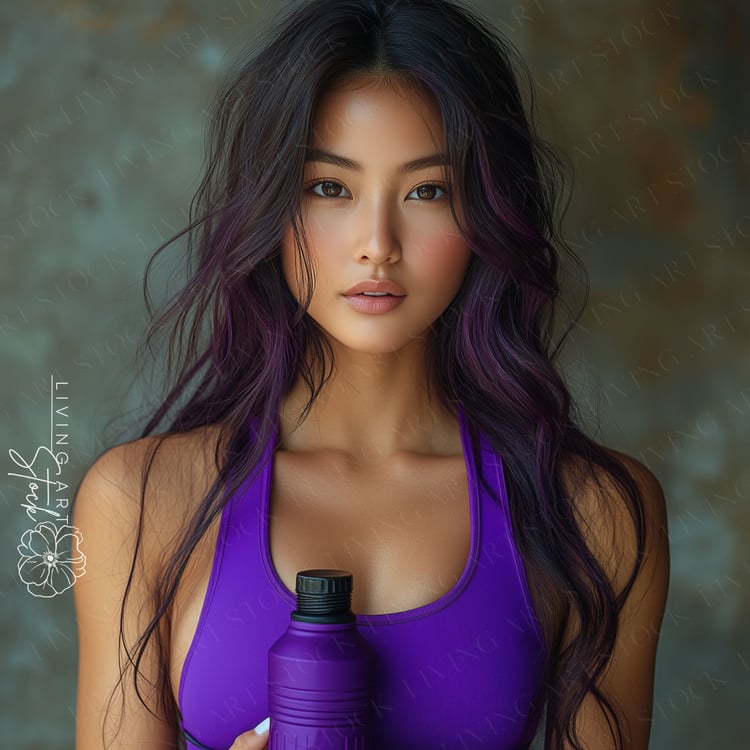 Asian woman with dark hair and purple highlights wearing purple fitness clothing, holding a purple water bottle.