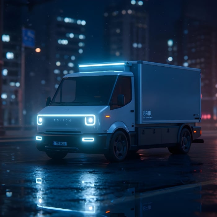 Mini truck, Futuristic, City, Night, Neon Glow, Cyber, Wallpaper, 3d Rendered - Ai Generated