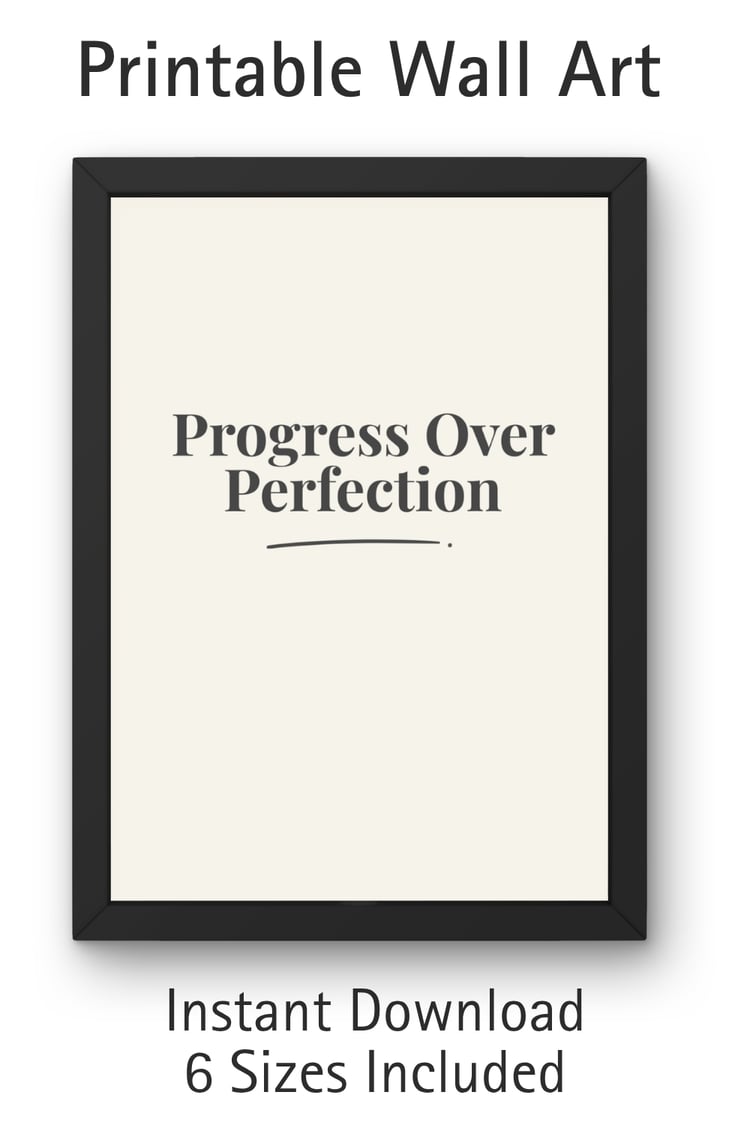 A charcoal typographic wall art print in a black frame on a white background with text reading Progress Over Perfection. Text overlay reads Printable Wall Art, Instant Download, 6 Sizes Included.