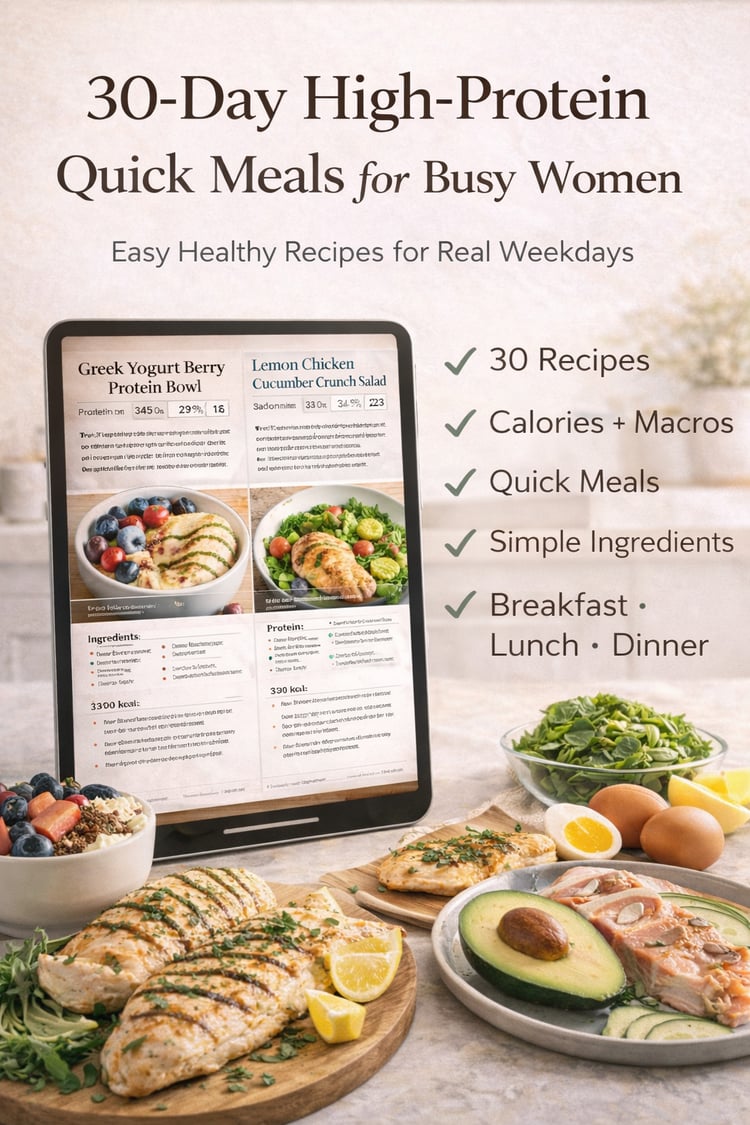 high protein quick meals, high protein recipes for women, easy high protein meals, busy women meal ideas, 30 day meal plan pdf, high protein breakfast ideas, high protein lunch ideas, high protein dinner ideas, calories and macros recipes, macro friendly 