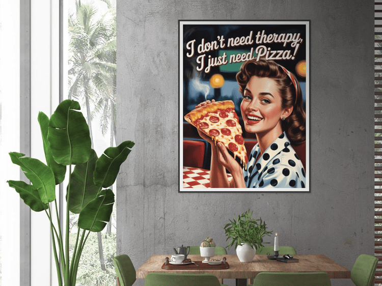 Framed retro pop art print of a woman with pizza slice on a concrete wall — professionally printed wall art delivered via Redbubble