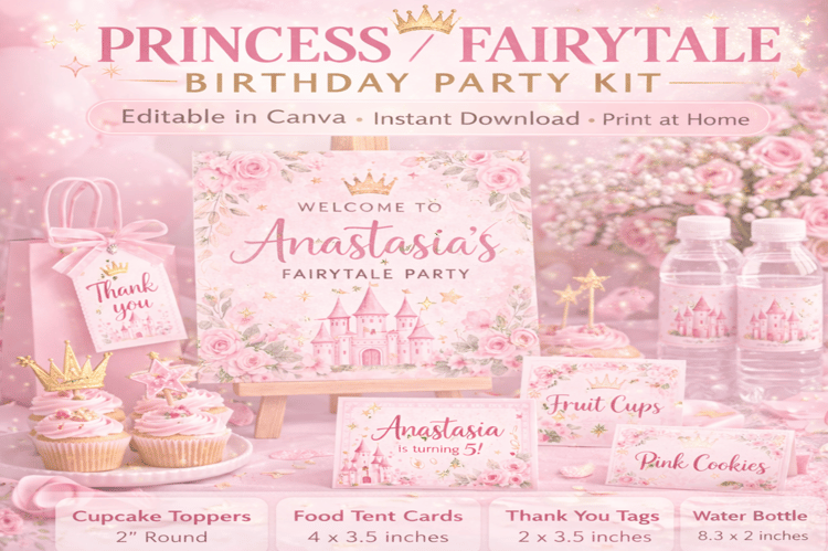 Princess Fairytale Birthday Party Kit – Editable Canva templates
