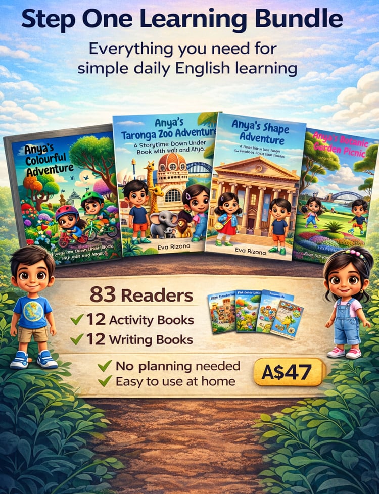 English learning bundle for children ages 3–7 including storybooks, graded readers, colouring books and writing practice for ESL learners. A complete English learning bundle for young children featuring storybooks, graded readers, activity books and writi