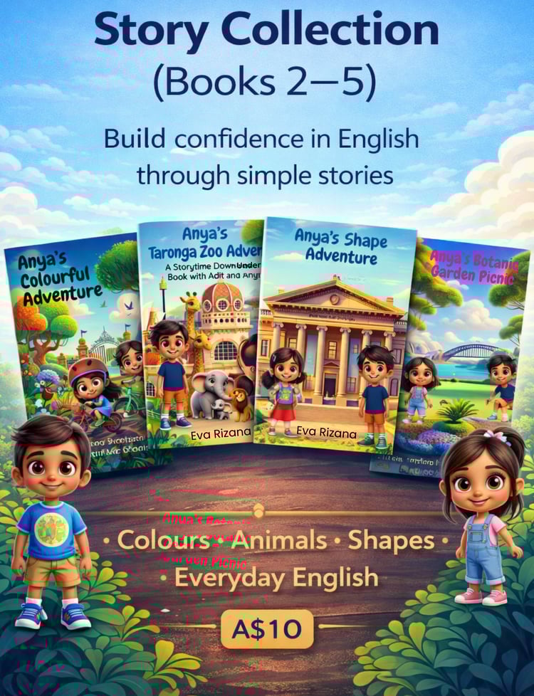 English story collection for children ages 3–7 featuring four beginner storybooks covering colours, animals, shapes and everyday English for ESL learners. A collection of four English storybooks for children ages 3–7 designed to support early reading and 