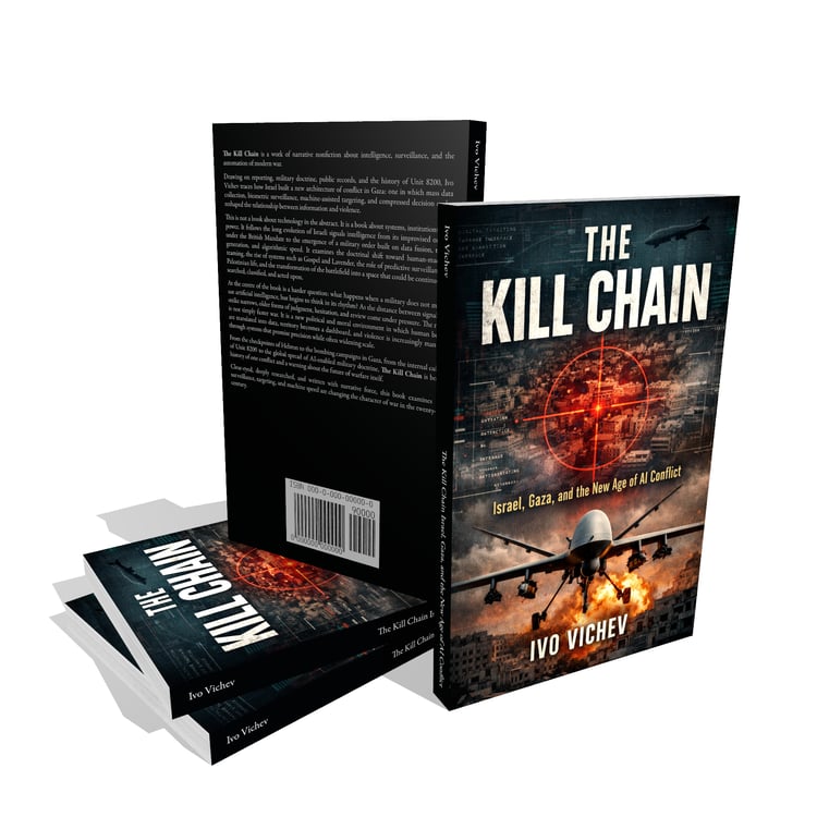 Cover image for The Kill Chain by Ivo Vichev, featuring a drone, targeting reticle, and war-damaged cityscape in a dark nonfiction military design.