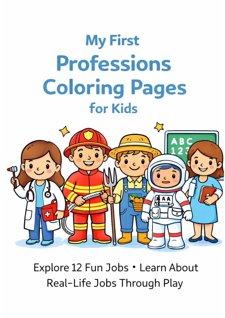 Professions coloring pages for kids printable pack featuring doctor, firefighter, farmer, astronaut and teacher, fun learning activity for ages 4–8