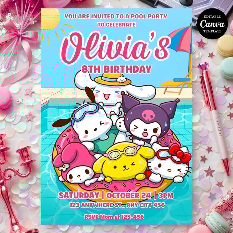 Detail shot of the pastel pink watercolor flowers and cute kitty character art