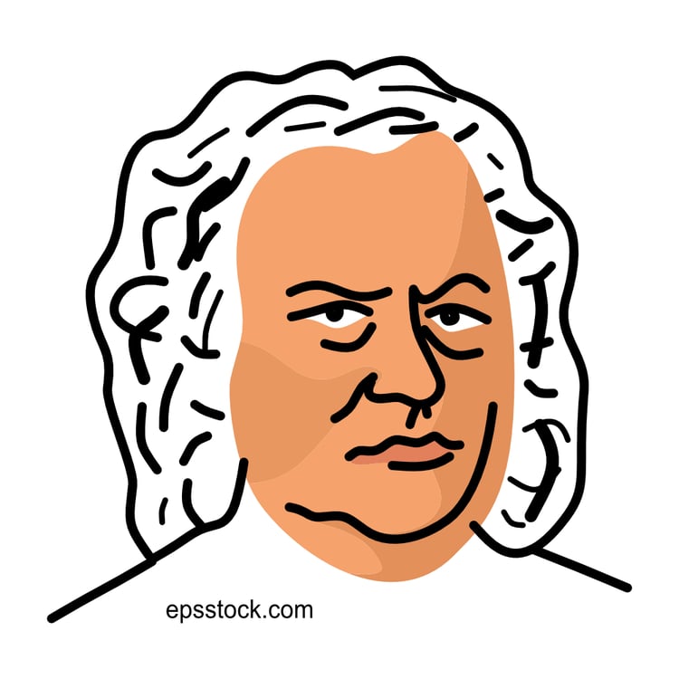 Johann Sebastian Bach portrait, flat vector illustration