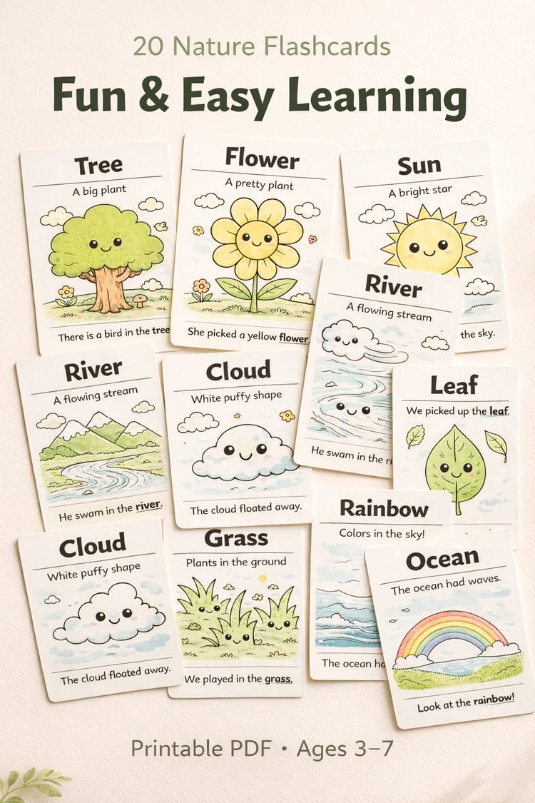 Nature Flashcards for Kids (Ages 3–7) – 20 Printable Coloring Cards with Simple Sentences | Learn Nature Words the Fun & Easy Way