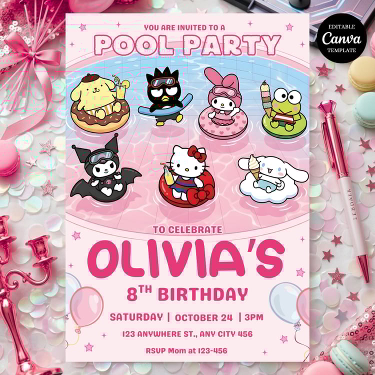 Pink birthday invitation featuring Hello Kitty, My Melody, and Kuromi at a pool party.