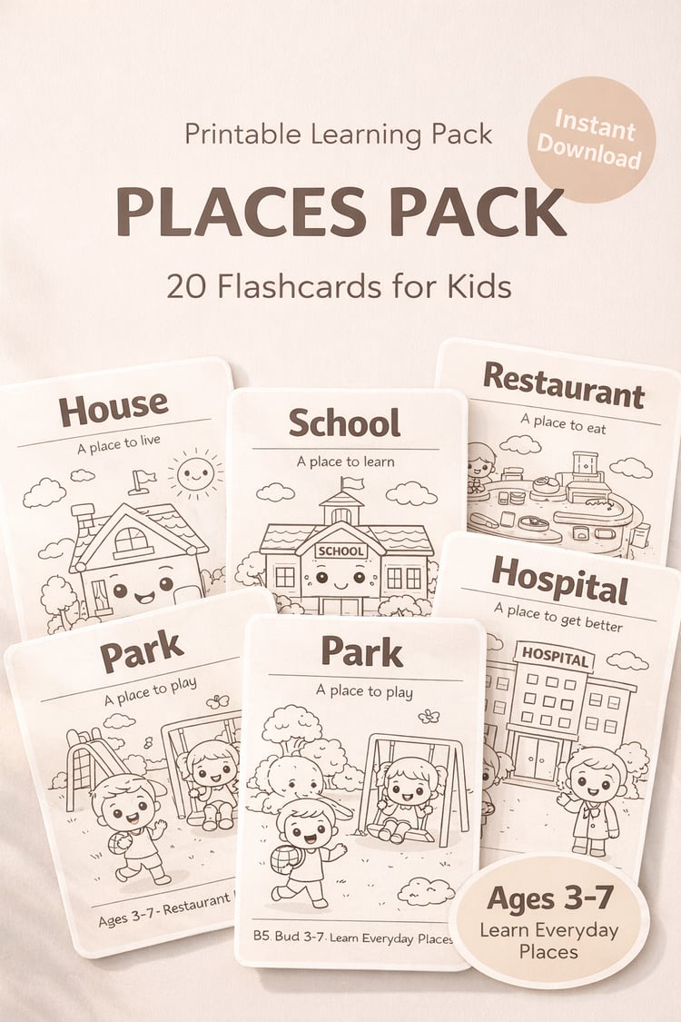 My First Places Pack – 20 Printable Flashcards for Kids (Ages 3–7) | Learn Everyday Places with Simple Sentences & Cute Illustrations