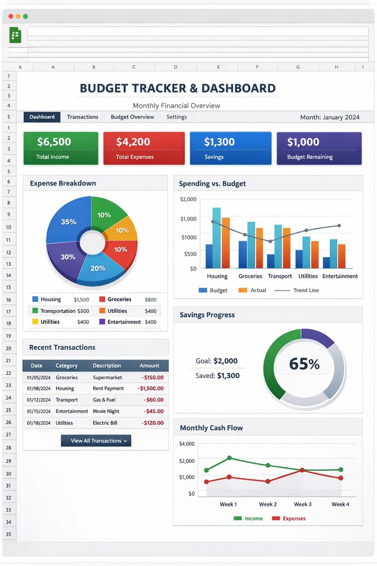 Take control with this Premium Google Sheets Dashboard. Track savings goals, cash flow & expenses visually. Automatic, professional & easy to use. Start your wealth journey today!