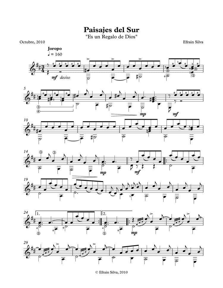 Paisajes del Sur, Efrain Silva, French Horn and Guitar, Corno Frances y Guitarra, Golpe Llanero, Diamante, Venezuelan Music, Chamber Music, Horn Repertoire, Sheet Music, Partituras Corno, Musica Venezolana, Paisajes del Sur, Efrain Silva, Solo Guitar, Gui