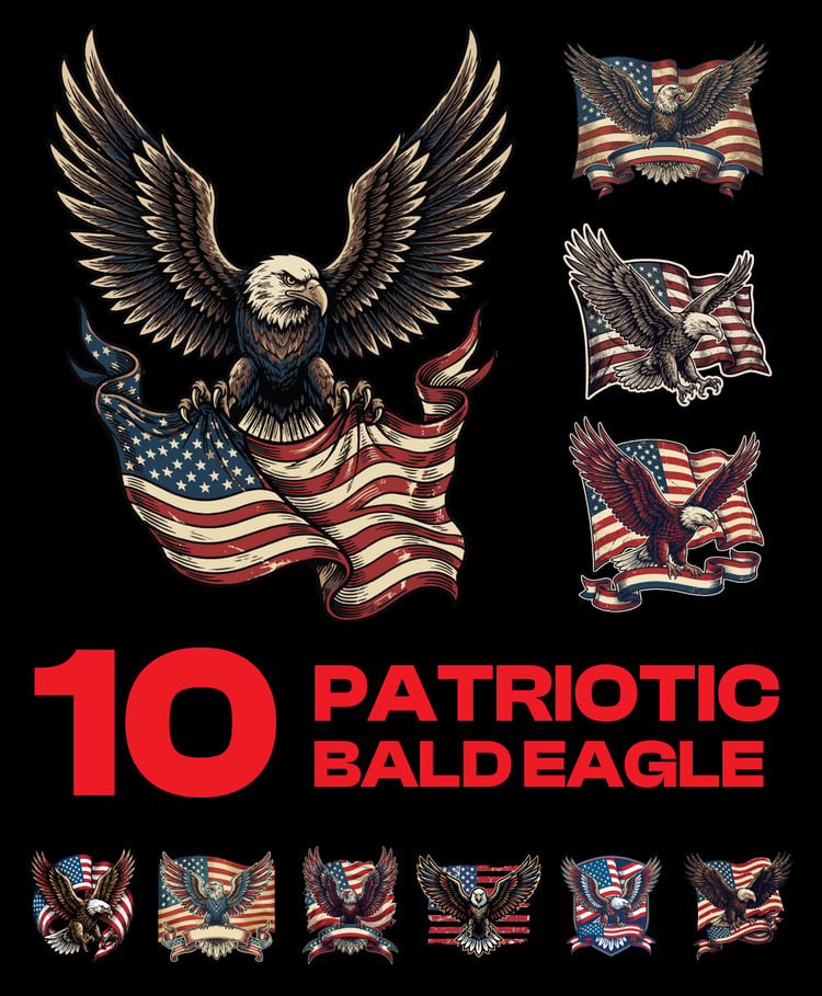 Patriotic Bald Eagle Vector Bundle – 4th of July USA Flag Vintage Designs (10 Pack)