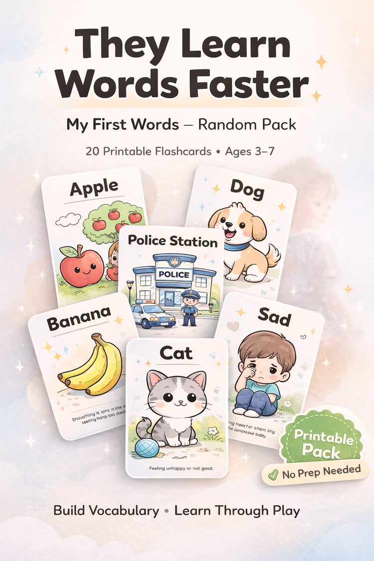 My First Words Random Pack – 20 Printable Flashcards for Kids (Ages 3–7) | Build Vocabulary with Simple Sentences & Cute Illustrations