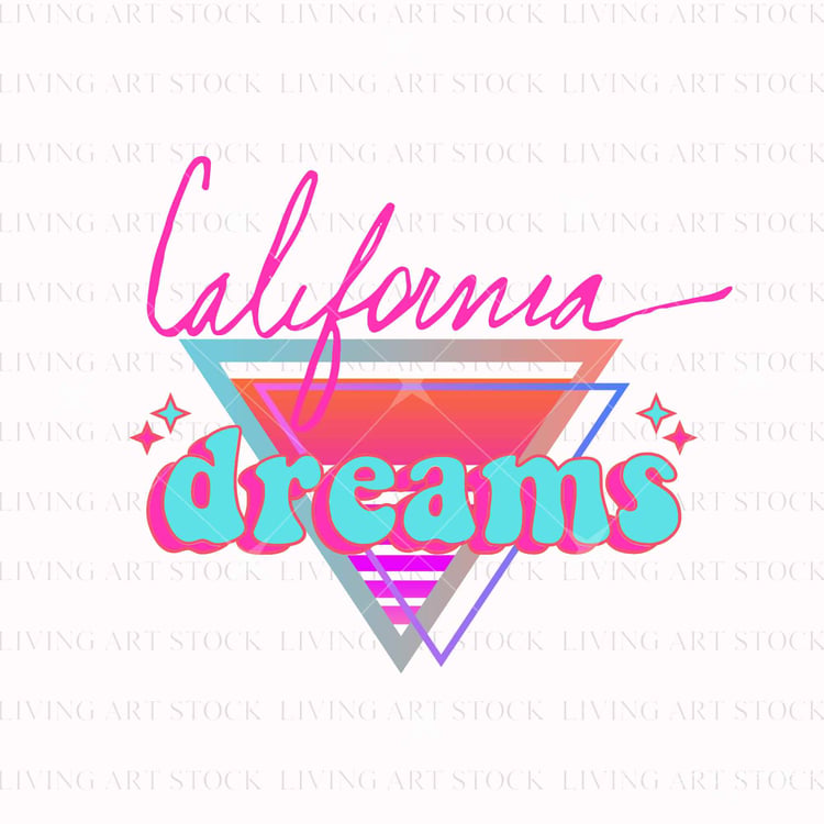A neon-style vector illustration with the text 'California' in pink script and 'dreams' in bubbly teal-and-pink font, layered over nested geometric synthwave triangles and surrounded by small starbursts.