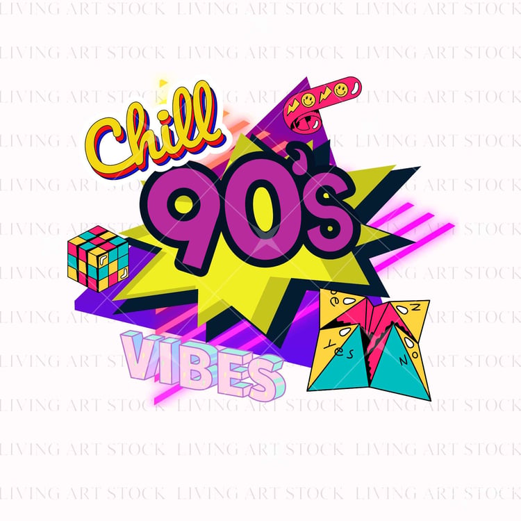 A vibrant retro vector illustration on a black background, featuring the text "Chill 90s Vibes" in bubbly fonts. A colorful Rubik, geometric starbursts, neon lines, and a cassette tape graphic.