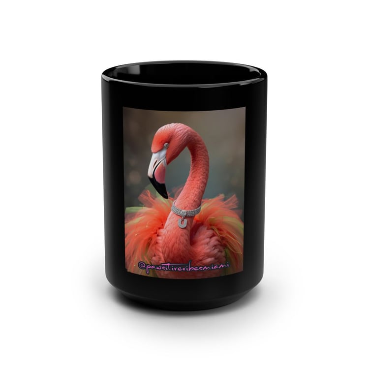 “Front view of glossy ceramic mug featuring bold Miami‑style ‘Sip Your Cafecito Like It’s Couture’ artwork.”