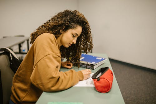 student in a desk make homework
