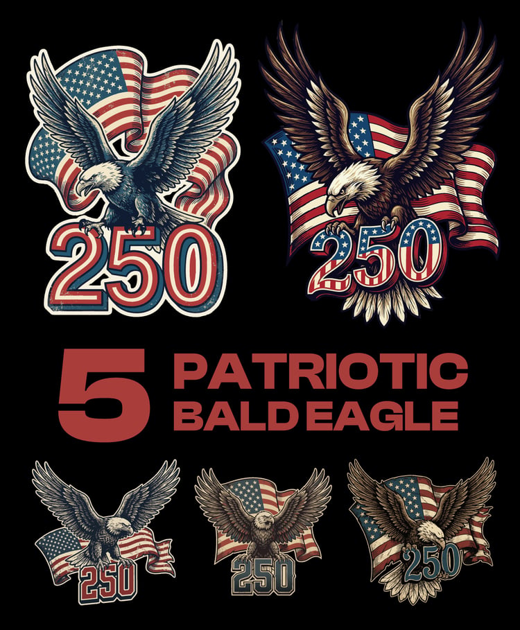 American - 250 Patriotic Bald Eagle Vector Bundle – 4th of July USA Flag Vintage Independence Day Designs (5 AI Generated Vectors)