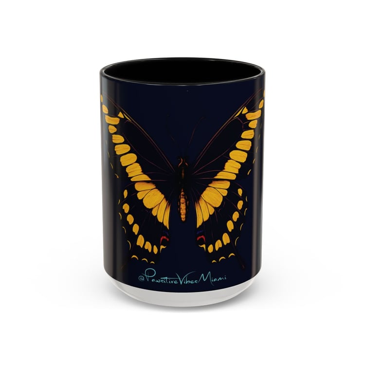 “Front view of ceramic mug featuring a soft swallowtail butterfly in nature‑inspired artwork.”