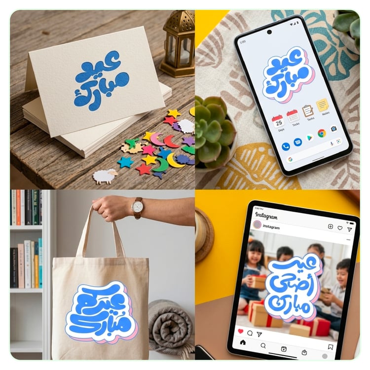Eid Al-Adha Arabic lettering design applied to social media post and digital greeting card mockup