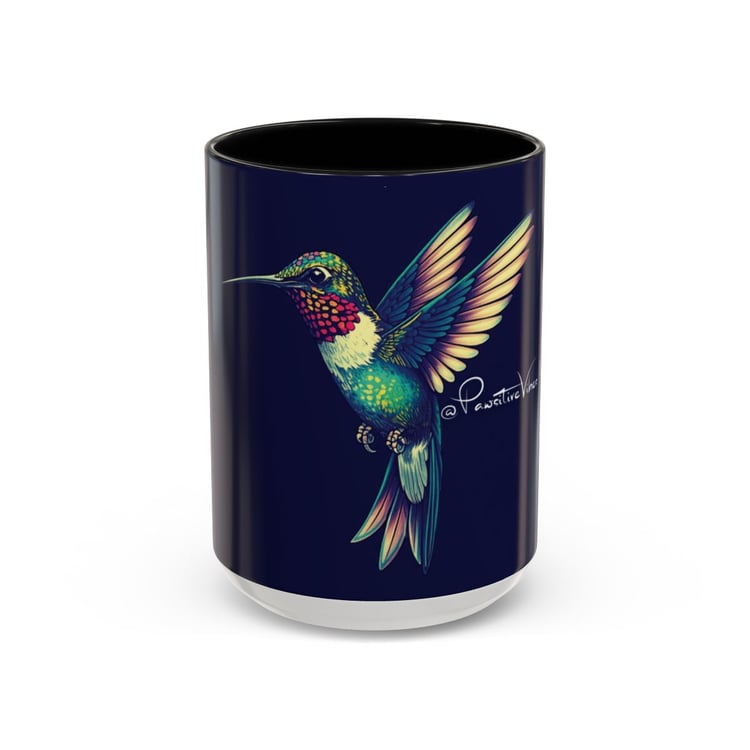 “Front view of ceramic mug featuring a delicate hummingbird in soft tribute artwork.”