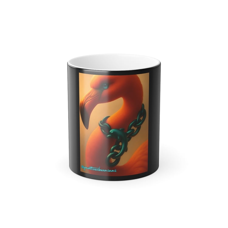 “Front view of color‑changing mug revealing a Miami flamingo wearing an aqua dolphin chain when hot.”