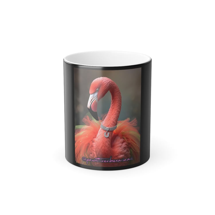 “Front view of color‑changing mug revealing Miami‑style cafecito couture artwork when hot.”