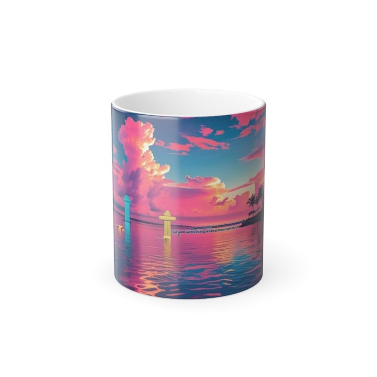 “Front view of ceramic mug featuring a glowing Miami sunset in warm pink, orange, and coral tones.”