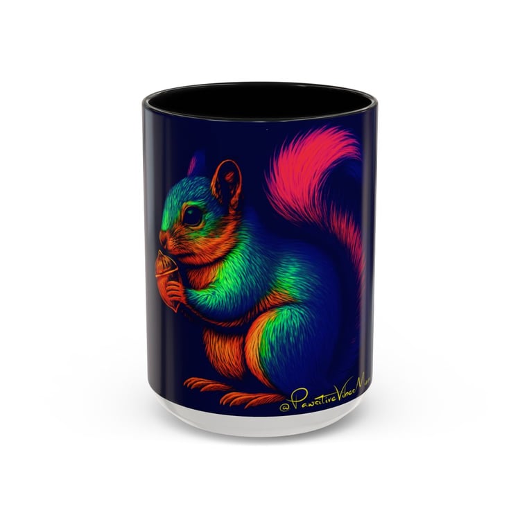“Front view of ceramic mug featuring Croqueta the squirrel in bold Miami‑style artwork.”